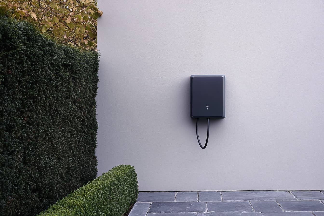 A dark grey home EV charger with a coiled cable mounted on a pale exterior wall beside a clipped green hedge, photographed in soft diffused daylight.