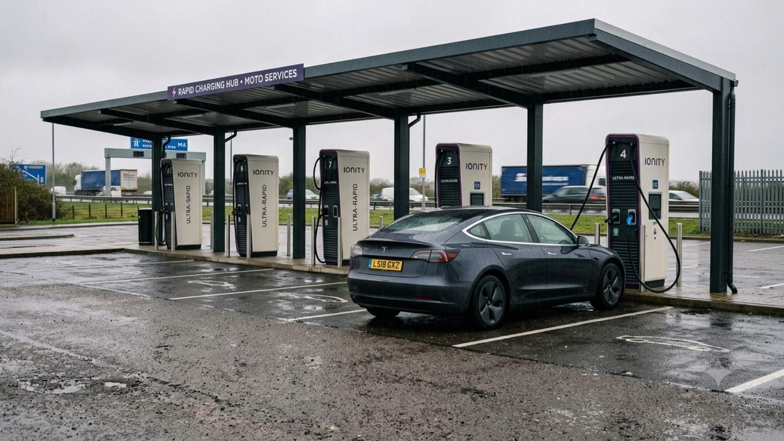 Grey Tesla charging at an IONITY ultra-rapid unit under a covered Moto services rapid-charging hub, wet tarmac, grey motorway sky behind.