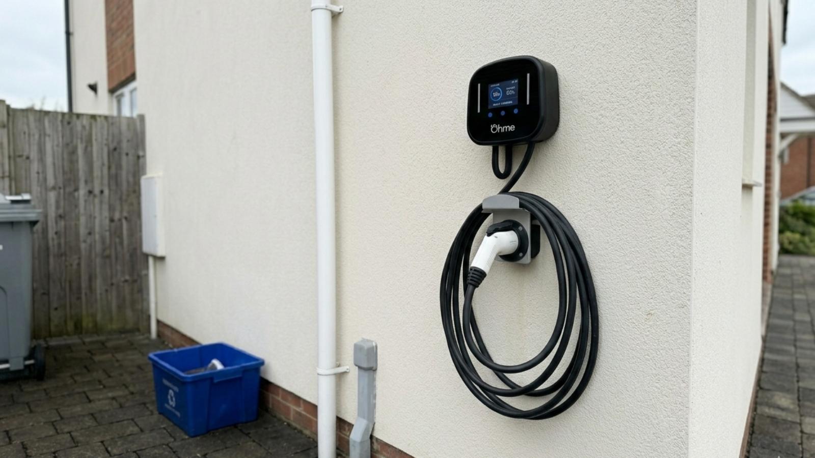My Ohme Home Pro charger mounted on a rendered house wall, its tethered Type 2 cable coiled on the holster and the LCD showing the live charge rate.
