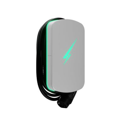 Hypervolt Home 3 Pro charger, a pale grey wall unit with an illuminated green lightning-bolt logo