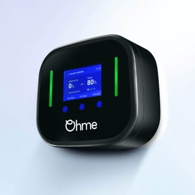 Ohme Home Pro charger, a black unit with a colour LCD screen showing charge status