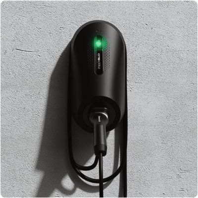 myenergi Zappi charger, a black wall-mounted unit with a green status halo and tethered cable