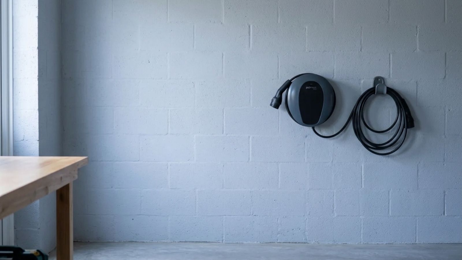 A charcoal Pod Point Solo 3S charger mounted on a white-painted brick garage wall, its black Type 2 cable coiled on a separate wall holster beside it.