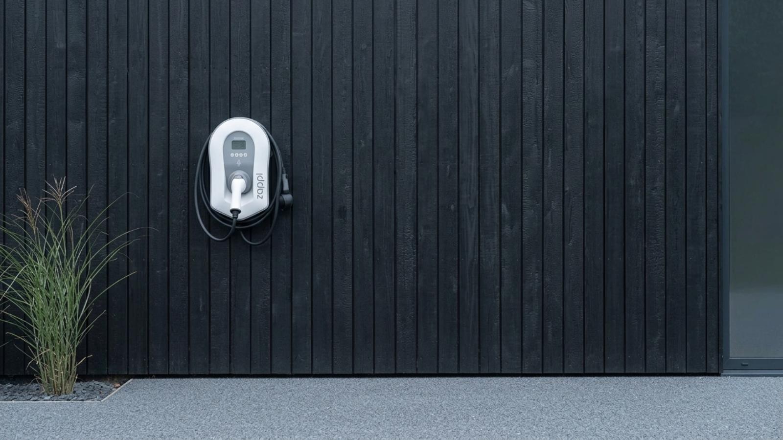 A white-and-grey myenergi Zappi charger mounted on dark vertical timber cladding above a resin driveway, its tethered Type 2 cable coiled on the holster.