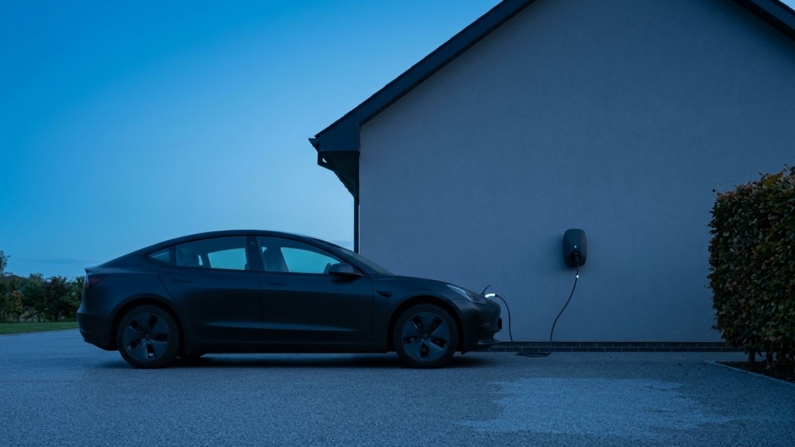 A dark grey Tesla saloon charging from a wall-mounted home charger at dusk, parked on a gravel drive beside a house