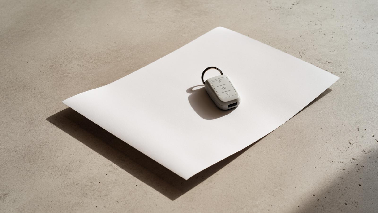 A car key fob resting on a blank sheet of paper on a concrete surface