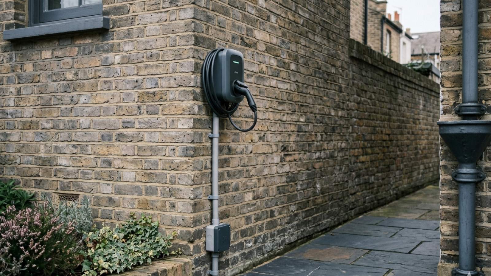 EV charger mounted on the exterior wall of a UK home, with visible cable conduit running from the unit down to the consumer unit location below.