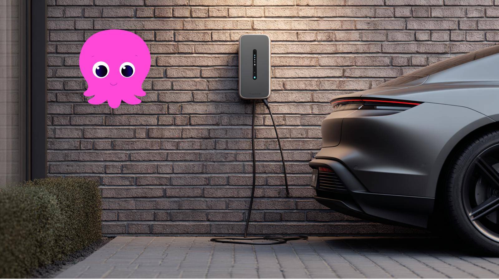 An electric car charging on the driveway of a red-brick UK home in overcast morning light, plugged into a wall-mounted charger.