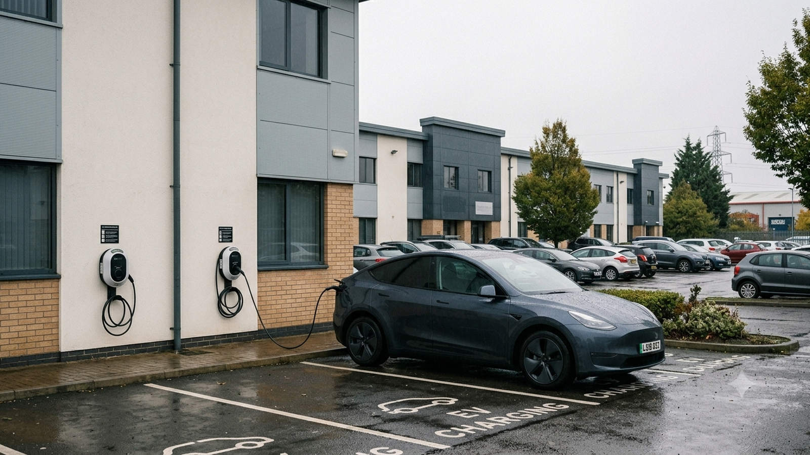 Grey EV charging at a wall-mounted chargepoint in a marked staff bay outside a modern office building, wet overcast car park.